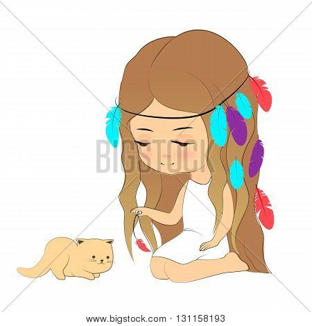 Vector illustration, cute girl and kitten, cartoon hand drawn style. Young girl with feather headdress playing with kitten. Design element for print, poster, cloth.