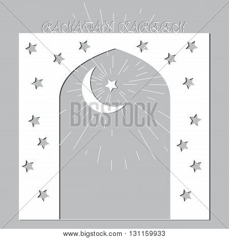 Ramadan Kareem. Eid Mubarak Islamic background mosque door white vector banner design. Vector flat background