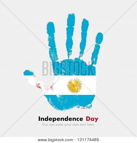 Hand print, which bears the Flag of Argentina. Independence Day. Grunge style. Grungy hand print with the flag. Hand print and five fingers. Used as an icon, card, greeting, printed materials.
