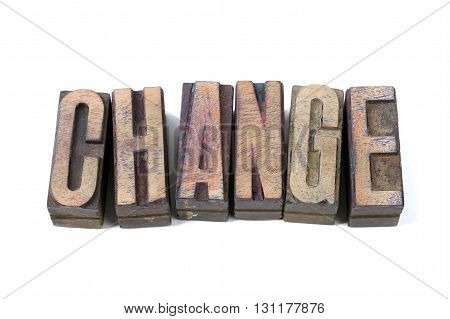 change word made from scattered wooden letterpress type isolated on white