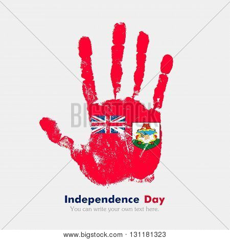 Hand print, which bears the Bermuda flag. Independence Day. Grunge style. Grungy hand print with the flag. Hand print and five fingers. Used as an icon, card, greeting, printed materials.