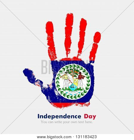 Hand print, which bears the Flag of Belize. Independence Day. Grunge style. Grungy hand print with the flag. Hand print and five fingers. Used as an icon, card, greeting, printed materials.