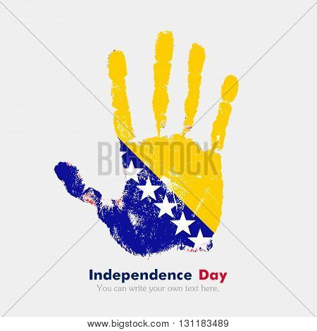 Hand print, which bears the Flag of Bosnia and Herzegovina. Independence Day. Grunge style. Grungy hand print with the flag. Hand print and five fingers. Used as an icon, card, greeting, printed materials.
