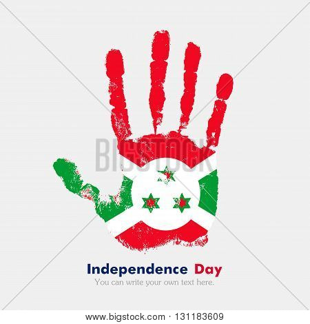 Hand print, which bears the Flag of Burundi. Independence Day. Grunge style. Grungy hand print with the flag. Hand print and five fingers. Used as an icon, card, greeting, printed materials.