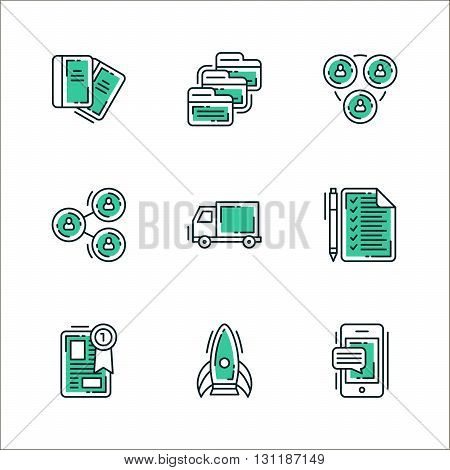 Set of icons of business workflow items and elements office equipment and stuff. Colored in green isolated on white background