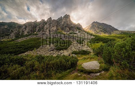 Mountain Landscape with Dramatic Glowing Sky. Mlynicka Valley High Tatra Slovakia.