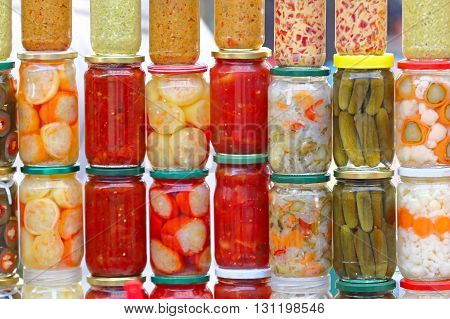 Various Pickled Vegetables in Mason Jars Canning