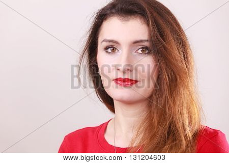Portrait of indiffrent girl. Young gorgeous lady brunette.