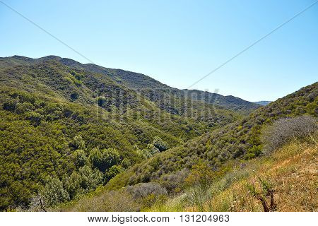 Panoramic view of meadows, hills and sky in Malibu Creek State Park, California