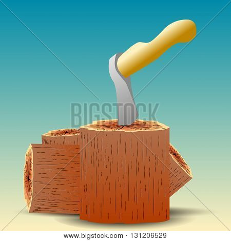 The axe stuck in the stump on