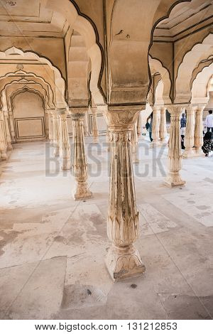 View of the beautifully architectured 27 offices of the Diwan-e-Aam inside Amber Fort in Jaipur, Rajasthan. Crafted magnificently, this was used as office of the Maharajas.