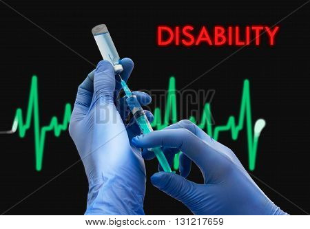 Treatment of disability. Syringe is filled with injection. Syringe and vaccine. Medical concept.