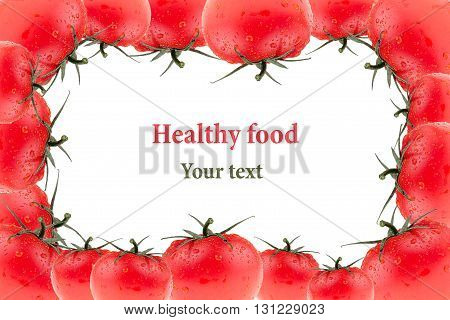 Frame of tomato on a white background. Group of frech tomatoes. Macro. Texture. Isolated. Tomato pattern. Food background.