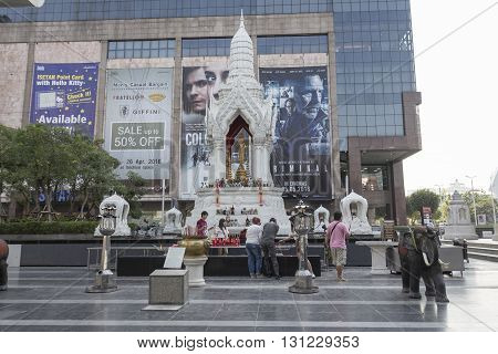 BANGKOK THAILAND - APR 17 : Trimurati shrine at Central world in Ratchaprasong area on april 17 2016. Thailand. thare are many shrine gods in Ratchaprasong area