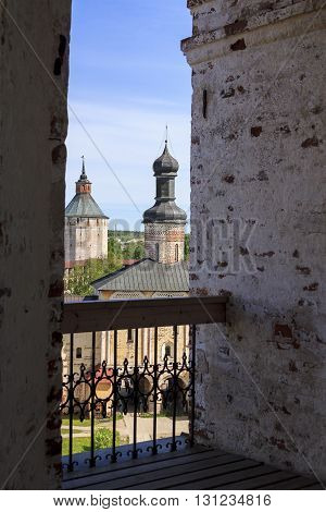 Kirillov, Russia - May 28, 2013: It is the Holy Gates with Gate Church of the 16th century from the height of the bell tower of Kirillol-Belozersky Monastery.