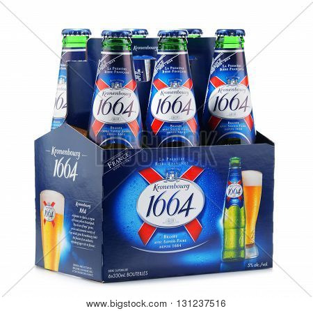 POZNAN POLAND - MAY 18 2016: Kronenbourg 1664 a 5.5% pale lager is the main brand of Kronenbourg Brewery owned by the Carlsberg Group