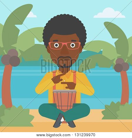 An african-american man playing tomtom on the background of tropical beach with palm trees and the sea vector flat design illustration. Square layout.