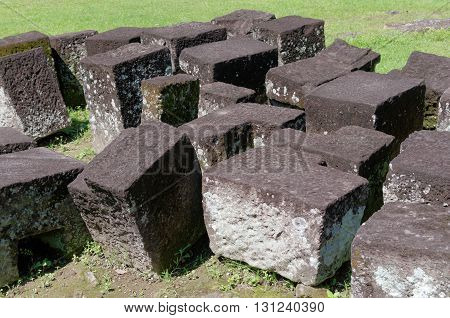 stone blocks ruins in ratu boko temple complex