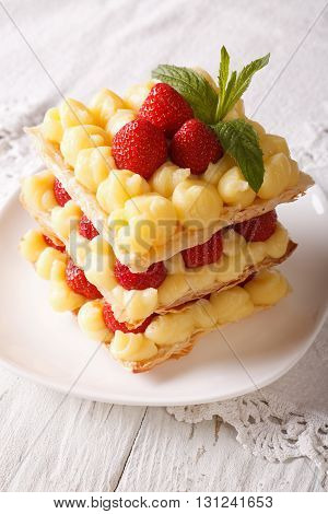 French Strawberry Millefeuille With Custard Closeup On A Plate. Vertical