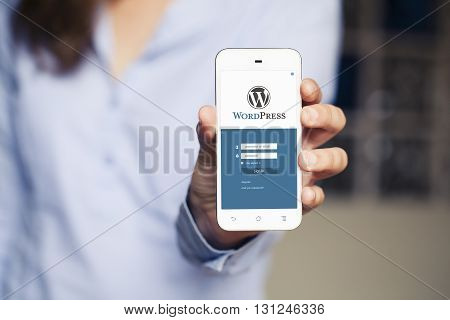 Malaga, Spain - June 30, 2016: Wordpress mobile app in a phone screen. Woman holding it in the hand and showing it to the screen. Wordpress is a popular CMS to create web sites.