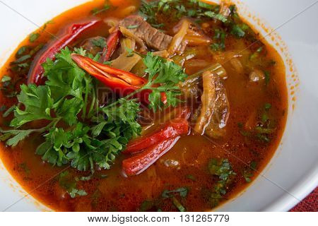 Traditional middle eastern soup with meat and pepper