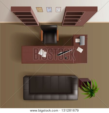 Office work room with wooden bookshelves desk computer plant and leather sofa top view realistic vector illustration