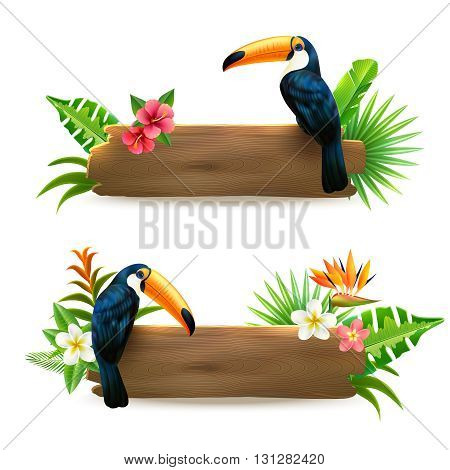 Toucan sitting on wooden board with tropical rain forest flowers 2 realistic banners set isolates vector illustration