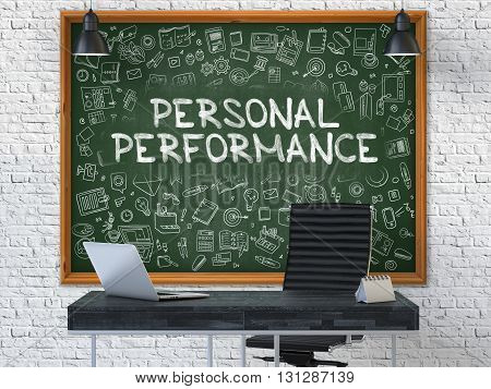 Green Chalkboard on the White Brick Wall in the Interior of a Modern Office with Hand Drawn Personal Performance. Business Concept with Doodle Style Elements. 3D.