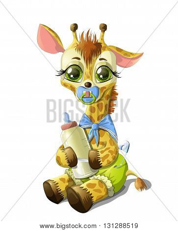 Cute baby giraffe with botle of milk navy tie and pacifier