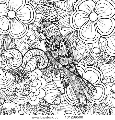 Cute parrot in fantasy flowers. Animals. Hand drawn doodle. Ethnic patterned illustration. African, indian, totem tatoo design. Sketch for avatar, tattoo, poster, print or t-shirt.