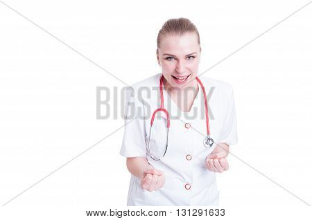 Successful Excited Female Doctor Smiling And Looking At The Camera
