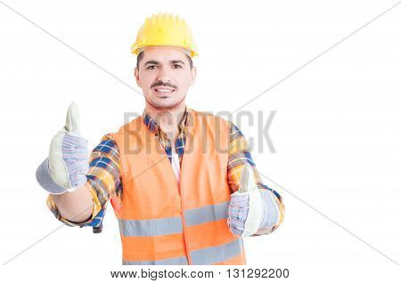 Young Engineer Showing Thumbs Up Gesture With Both Hands