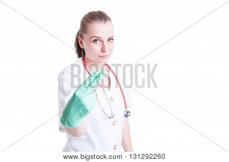 Woman Doctor Holding Two Fingers As Penetration Concept