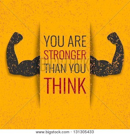 Biceps muscle symbol and an inspirational quote on yellow background with grunge texture. Bodybuilder arms sign. Weightlifting fitness symbol. Perfect for bodybuilding and fitness clubs.