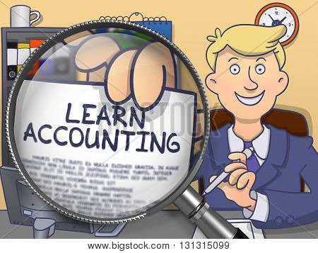 Officeman in Suit Looking at Camera and Shows Text on Paper Learn Accounting through Lens. Closeup View. Multicolor Doodle Illustration.