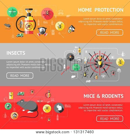 Pest control horizontal banners set with home protection ant mosquito spider insecticide rodents trap isolated vector illustration