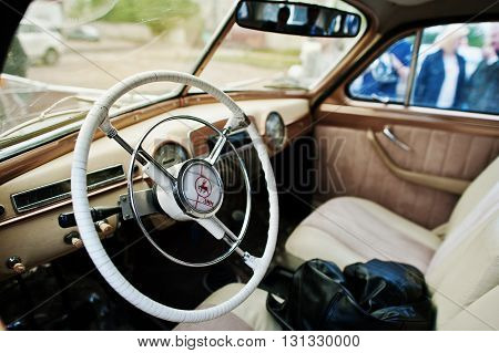 Podol, Ukraine - May 19, 2016: Dashboard And Steering Wheel Of Gaz-12 Zim, Luxury Soviet Limousine.