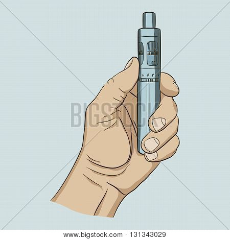 electronic cigarette in hand  device metal keep blue