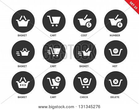 Checkout and verification vector icons set. Shopping and consumerism concept, carts and baskets with signs of price, cost and nimber. Isolated on white background