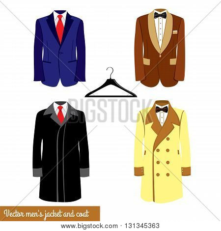 Men's classical suit vector illustration.Blue and broun businessman suit with red neck tie or black bowtie and white shirt. Men's jacket and coat, plastic hanger.Men's fashion