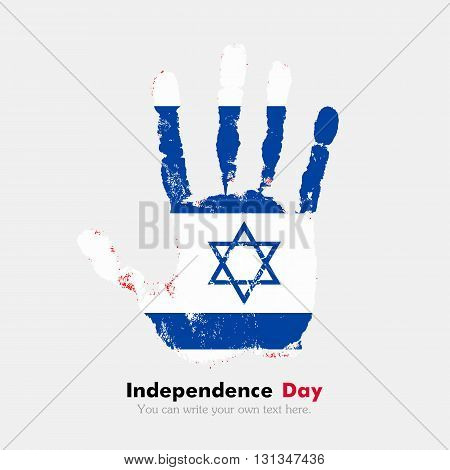 Hand print, which bears the Flag of Israel. Independence Day. Grunge style. Grungy hand print with the flag. Hand print and five fingers. Used as an icon, card, greeting, printed materials.