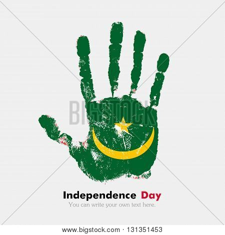 Hand print, which bears the Flag of Mauritania. Independence Day. Grunge style. Grungy hand print with the flag. Hand print and five fingers. Used as an icon, card, greeting, printed materials.