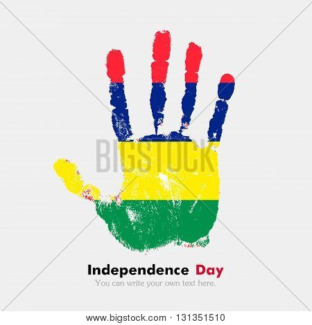 Hand print, which bears the Flag of Mauritius. Independence Day. Grunge style. Grungy hand print with the flag. Hand print and five fingers. Used as an icon, card, greeting, printed materials.