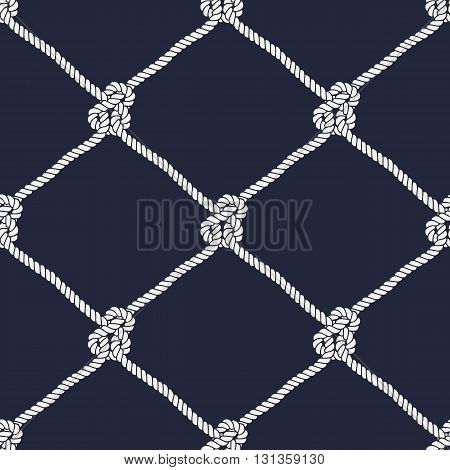 Seamless nautical rope knot pattern. Endless illustration with white fishing net ornament and marine knots on dark blue backdrop. Trendy maritime style background. For fabric, wallpaper, wrapping