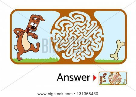 Maze puzzle for kids with dog and bone. Labyrinth illustration, solution included.