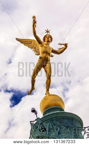 PARIS, FRANCE - JUNE 2, 2015 Genie de La Liberty by Dumont Bastile Square Place de la Bastille famouse meeting place Paris France. Location of Bastile prison which was stormed and destroyed in 1789 in the Frence Revolution. July column commemorates events
