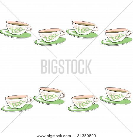 Seamless vector pattern with cute teacups. Colorful cup with green tea. Tea cup and saucer.