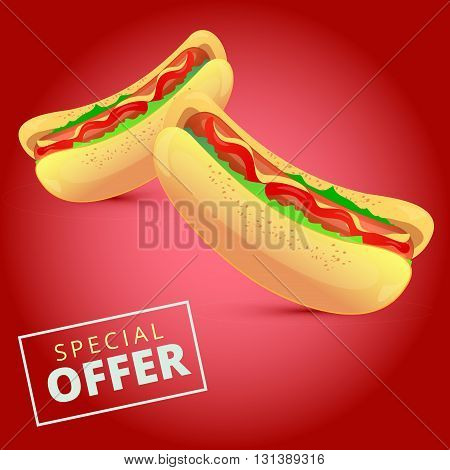 Tasty hotdogs with ketchup and mustard and salad on a dark pink background with special offer sign