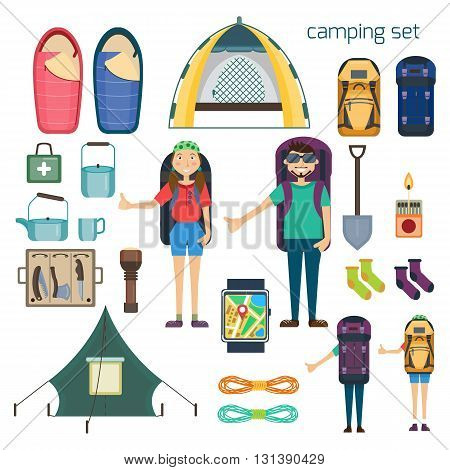 Travel hiking concept. Hitchhiker standing with big backpack. Hiking and camping  tourism equipment. Tent and sleeping bag, camping utensils. GPS navigator. Vector illustration. Flat cartoon style