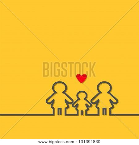 Two mothers and baby girl daughter. Gay lesbian marriage Pride symbol Contour line woman sign LGBT icon Female gender symbol. Happy family concept. Red heart. Yellow background Flat Vector